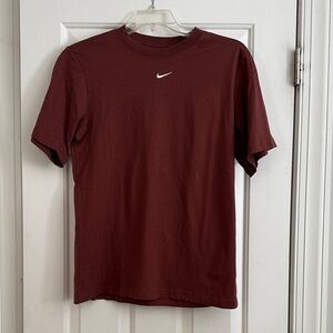 Nike women’s Burgundy Crew Neck Dri-FIT Tee with White Swoosh